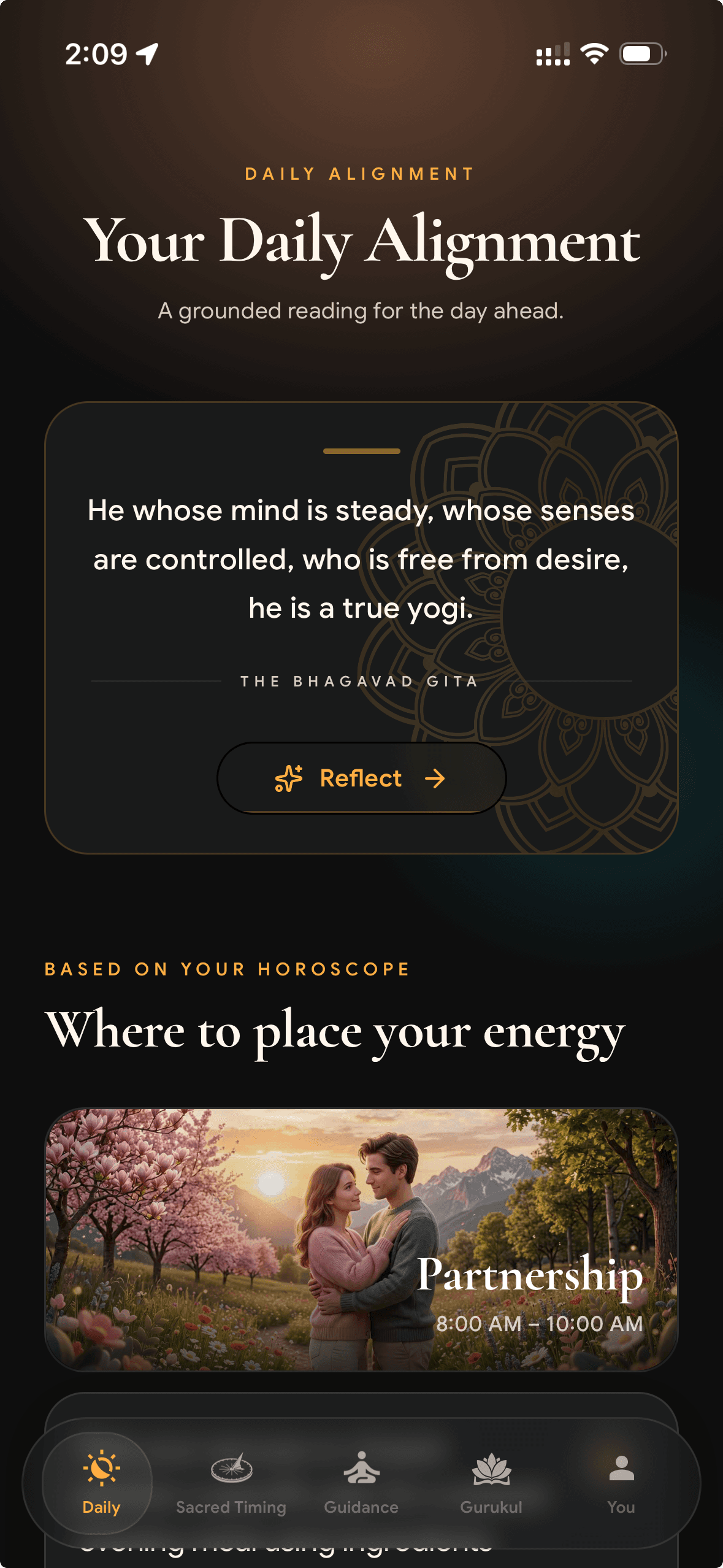 Mihira Daily Alignment screen showing a personalized morning reading